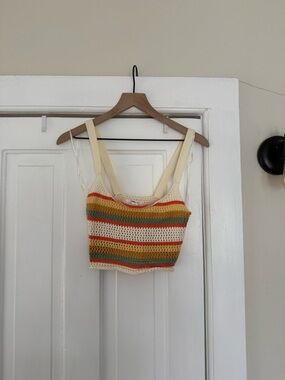 O'Neill Cream Crochet Crop Top with Yellow, Orange, Green & Red Stripes